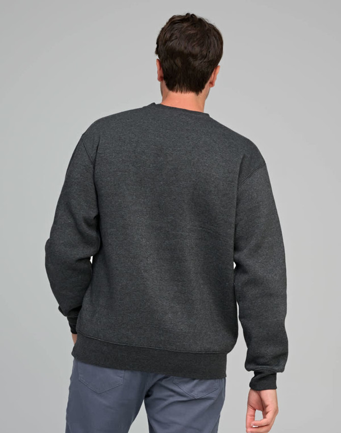 A grey crewneck fleece jumper with ribbed cuffs and hem, featuring a logo on the back.