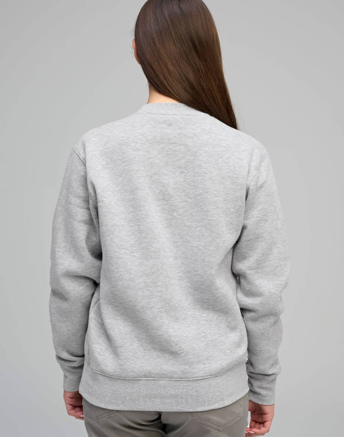 A grey crew fleece jumper featuring a simple design, with a plain back and ribbed cuffs. It has a logo.