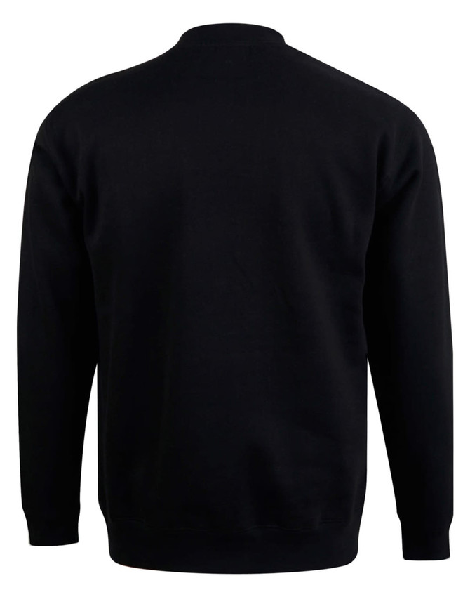 A black crew fleece jumper with a simple design, featuring long sleeves and a crew neck. It has a branding logo.