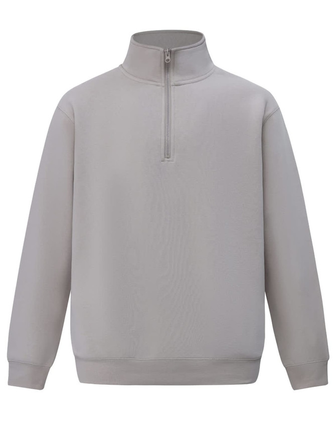 A light grey half-zip collar polar fleece jumper featuring long sleeves and a simple design.