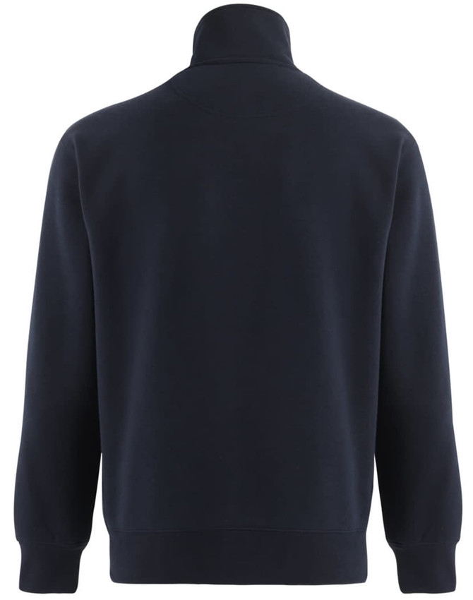 A navy 1/2 zip collar polar fleece jumper with a plain back and a small logo.