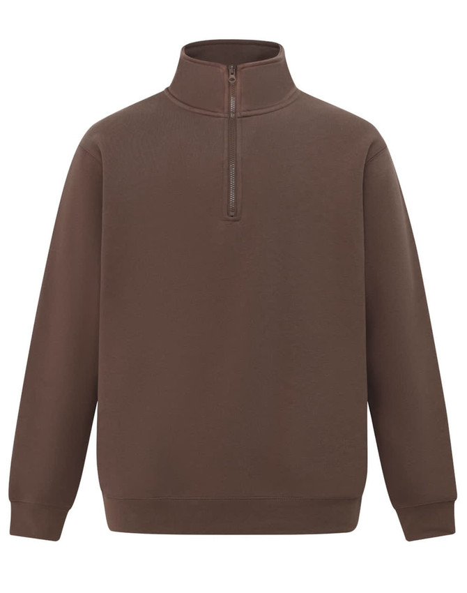 A brown 1/2 zip collar fleecy sweat featuring a regular fit and long sleeves. It has a logo on the front.