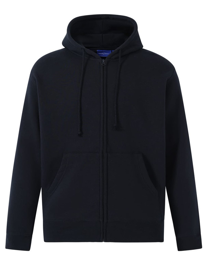 A navy full-zip fleecy hoodie with a hood and front pockets, featuring a logo.