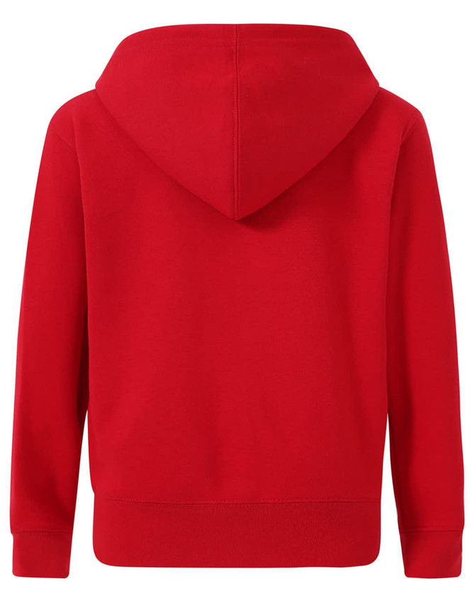 A red kid's full-zip fleecy hoodie with a hood, featuring long sleeves and a solid back design.