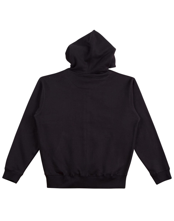 A black kid's full-zip fleecy hoodie with a hood, featuring a plain back design and ribbed cuffs.