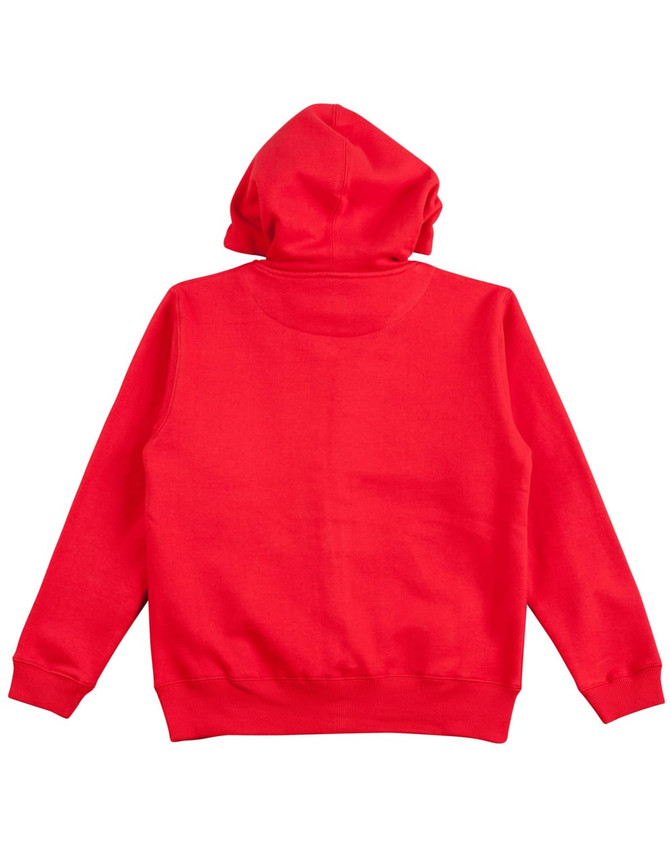 A red kid's full-zip fleecy hoodie with a hood, featuring long sleeves and a solid back design.