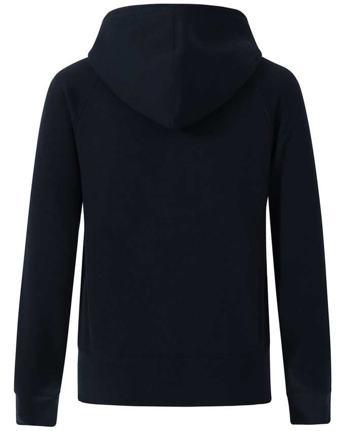 A full-zip fleecy hoodie in navy blue with a hood, featuring raglan sleeves and a fitted hem.