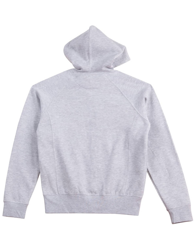 A grey ladies' full-zip fleecy hoodie with a hood and long sleeves, featuring a simple design and branding.