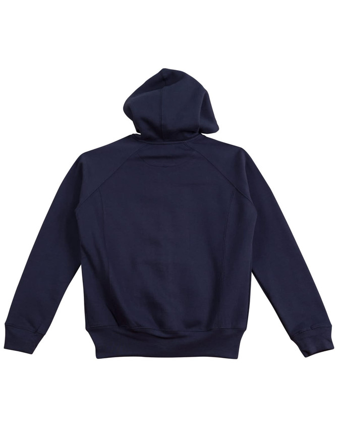 A full-zip fleecy hoodie in navy blue with a hood, featuring raglan sleeves and a fitted hem.