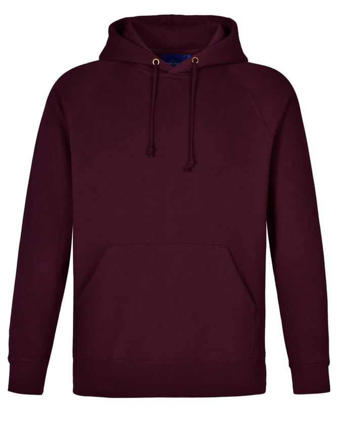 A maroon men's fleecy hoodie with a front kangaroo pocket and a drawstring hood. It features branding.