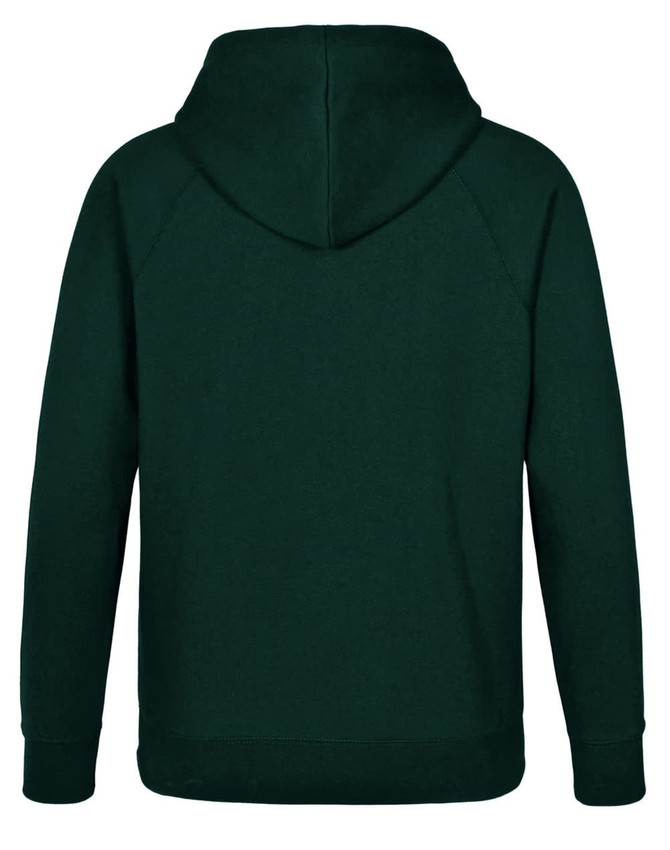 A dark green men's fleecy hoodie featuring a hood and long sleeves, with a plain back and a logo.