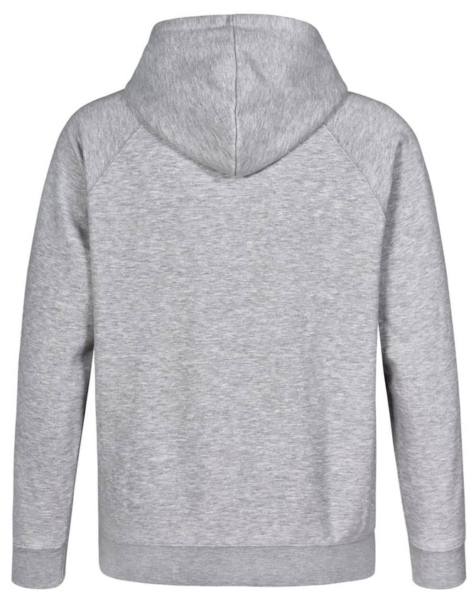 A grey men's fleecy hoodie featuring a hood and a logo. The back is designed with raglan sleeves.