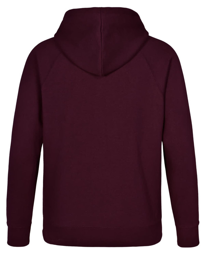 A maroon men's fleecy hoodie with a hood, featuring raglan sleeves and a solid design. It has a branding logo.