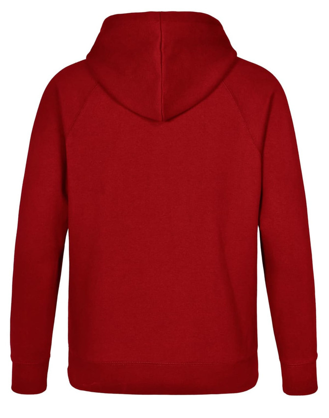 A red fleecy hoodie with a central hood and long sleeves, featuring a plain back design.