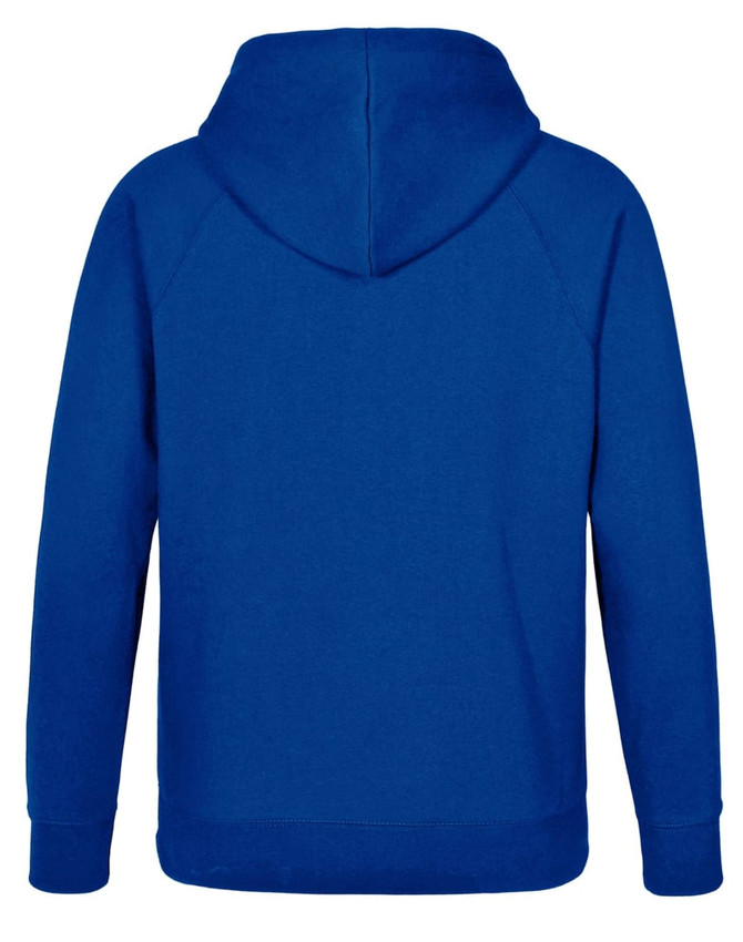 A blue men's fleecy hoodie featuring a hood and a sleek back design. It includes a logo.