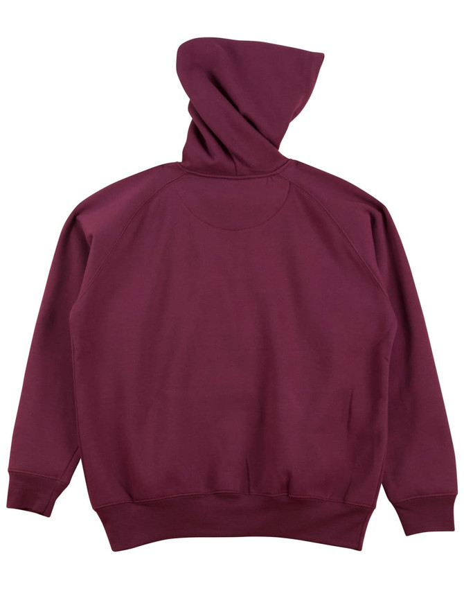 A burgundy kids' fleece hoodie featuring a kangaroo pouch and a hood. It has a smooth, plain design and no visible logos.
