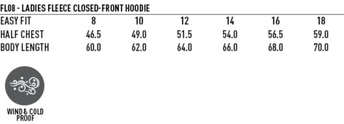 A table displaying sizes and measurements for a Ladies' Fleecy Closed-Front Hoodie, featuring wind and cold proof branding.