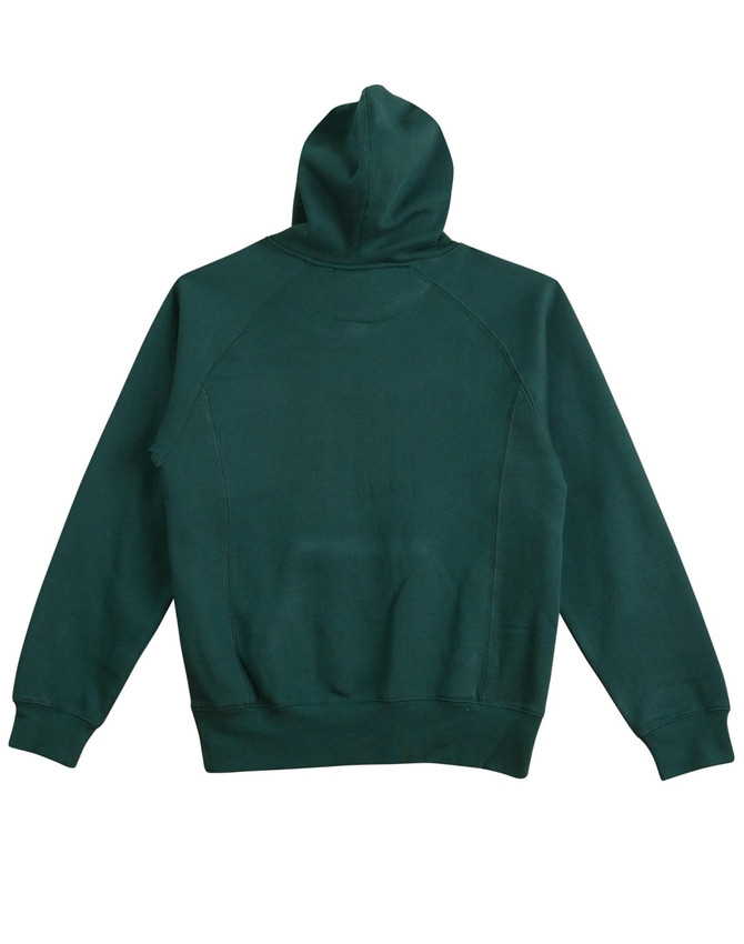 A dark green ladies' fleecy hoodie featuring a hood and a simple design on the back. Includes branding.