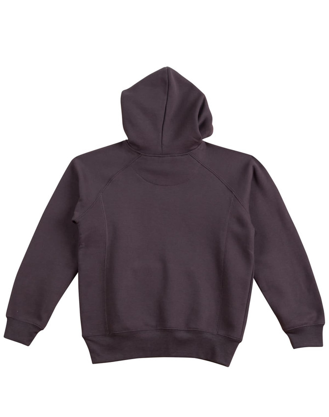 A dark grey ladies' fleece hoodie with a hood and raglan sleeves, featuring a logo.