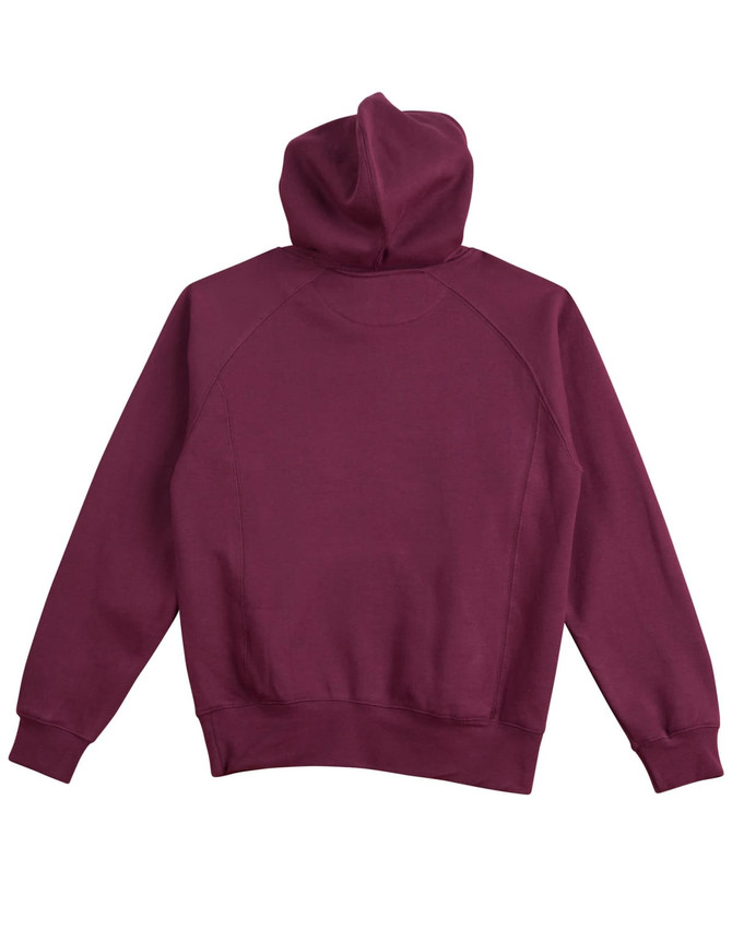 A maroon ladies' fleece hoodie with a hood and long sleeves, featuring a logo on the back.