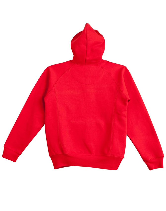 A red fleecy hoodie with a hood and long sleeves, featuring a logo on the back.