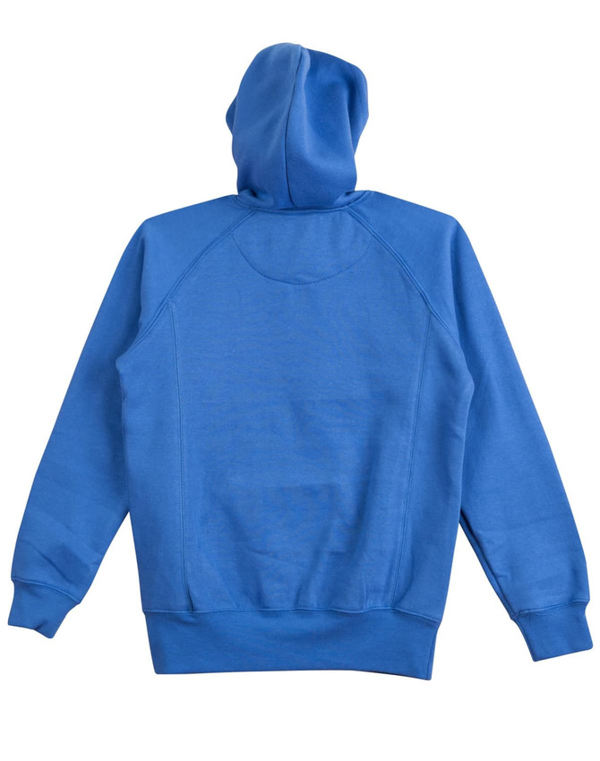 A blue ladies' fleecy hoodie featuring a kangaroo pocket and a hood, with a branding logo present.