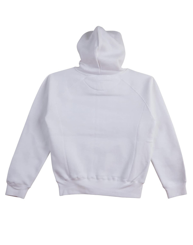 A white ladies' fleecy hoodie with a hood and long sleeves, featuring a simple design and a logo.