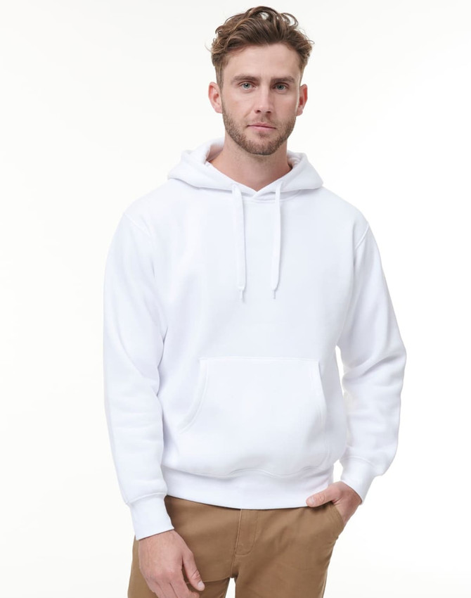 A white adult hoodie featuring a front pocket and drawstring hood, displayed by a model.