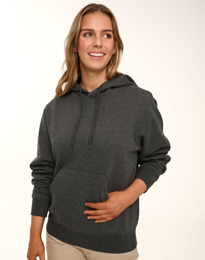 A dark grey fleecy hoodie with a front pocket and adjustable drawstring hood, featuring a logo.