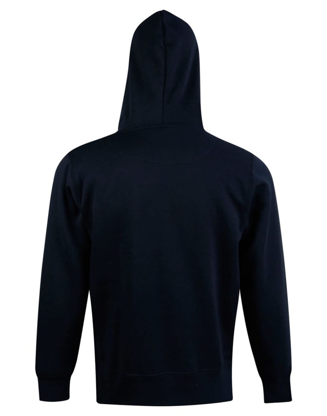 A black fleece hoodie with a close front and a hood, featuring a plain design and a logo.
