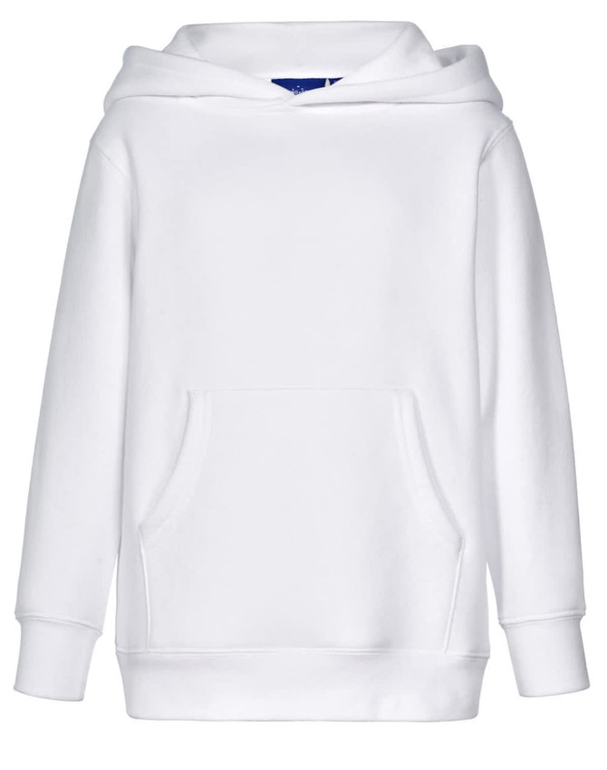 A white kids' hooded jumper with a front pocket and a logo. Soft fleecy fabric for comfort.