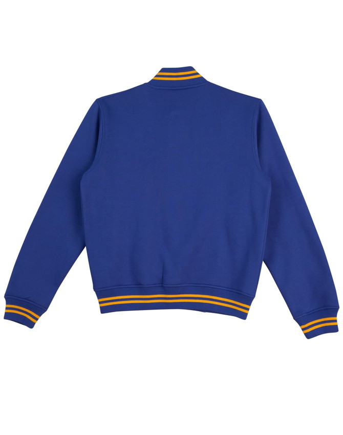A blue fleece varsity jacket featuring contrasting striped ribbing on the collar and cuffs, with a logo at the front.