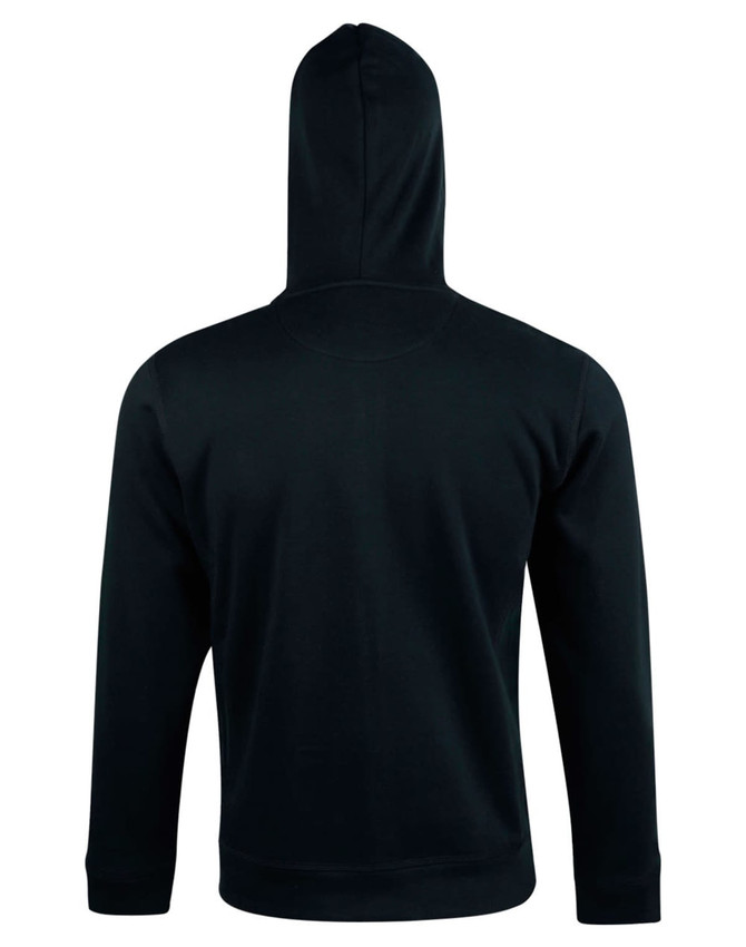 A black men's full zip contrast fleece hoodie with a hood, featuring a logo on the back.