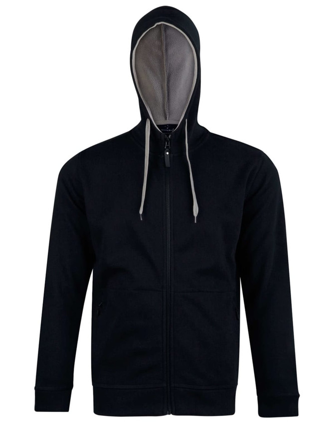 A black full zip fleece hoodie with a contrasting inner hood and pockets, featuring a logo.
