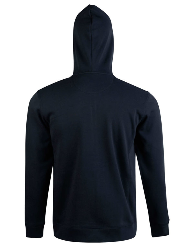 A navy blue men's full zip contrast fleece hoodie with a hood, shown from the back. Features a logo.