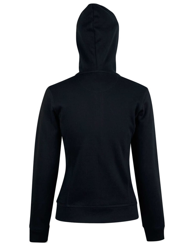 A black ladies' full zip contrast fleece hoodie with a hood and long sleeves, featuring a logo.