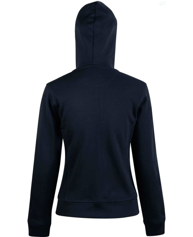 A navy full zip fleece hoodie with a fitted design and a hood, featuring a logo.
