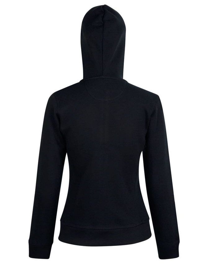 A black ladies' full zip contrast fleece hoodie with a hood and long sleeves, featuring a logo on the back.