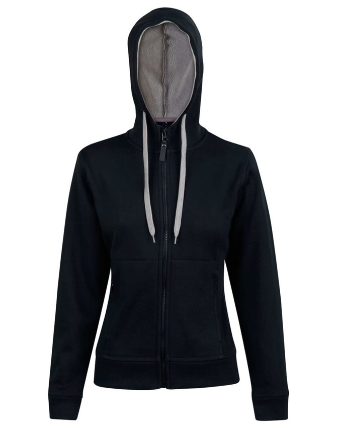 A black ladies' full zip contrast fleece hoodie with a hood and a front zipper. It features a logo on the garment.