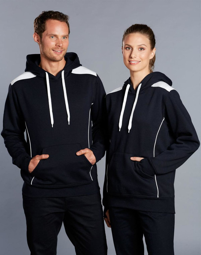 A navy hoodie with a kangaroo pocket, featuring white contrast details and a logo on the front.