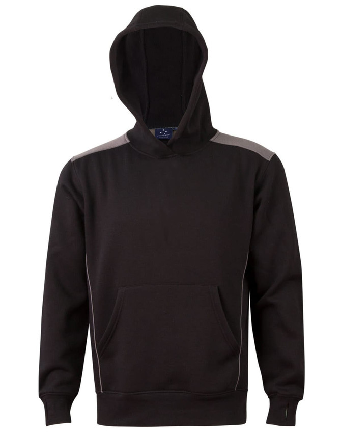 A black hoodie featuring a kangaroo pocket and contrast detailing, complete with a hood and a logo.