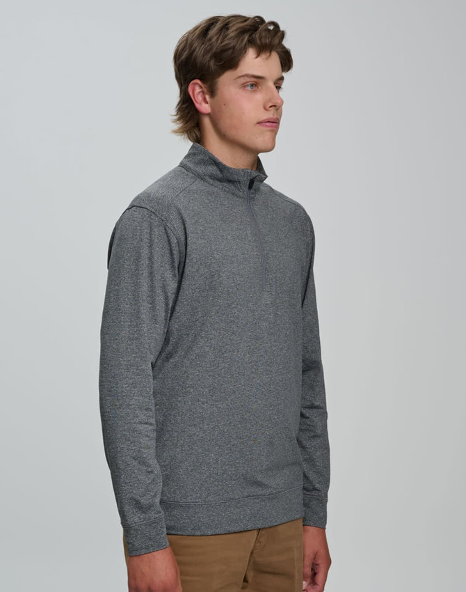 A grey men's half zip long sleeve sweat top, featuring a stand-up collar and long sleeves. There is a logo on the garment.