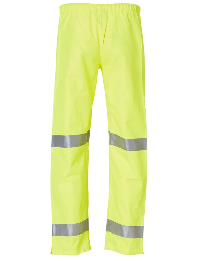 Hi-Vis safety pants in bright yellow featuring reflective 3M tape stripes. Includes an elastic waistband and has branding.