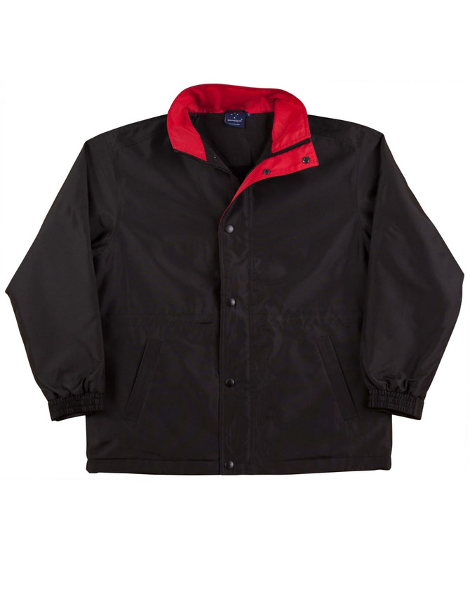 A black varsity jacket with a red collar, featuring a branded logo. Suitable for kids.