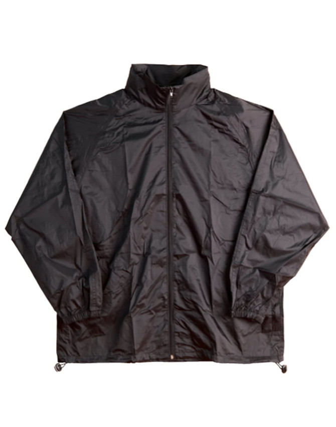 A black outdoor activity spray jacket features a full zip and elastic cuffs. It includes a logo on the chest.