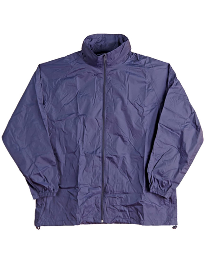 A navy outdoor activity spray jacket with a high collar and zip fastening, featuring elastic cuffs and a logo.