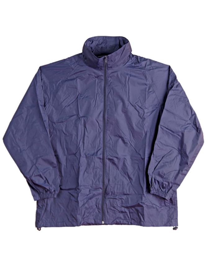 A lightweight navy blue rain jacket with a high collar and zip fastening, featuring elasticated cuffs.