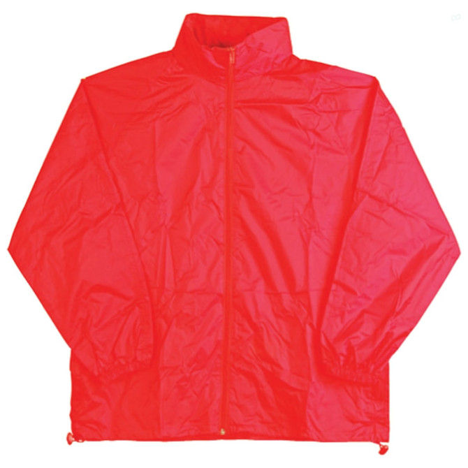 A red kids' outdoor activity spray jacket with a zip front and adjustable hem. Includes a logo on the front.