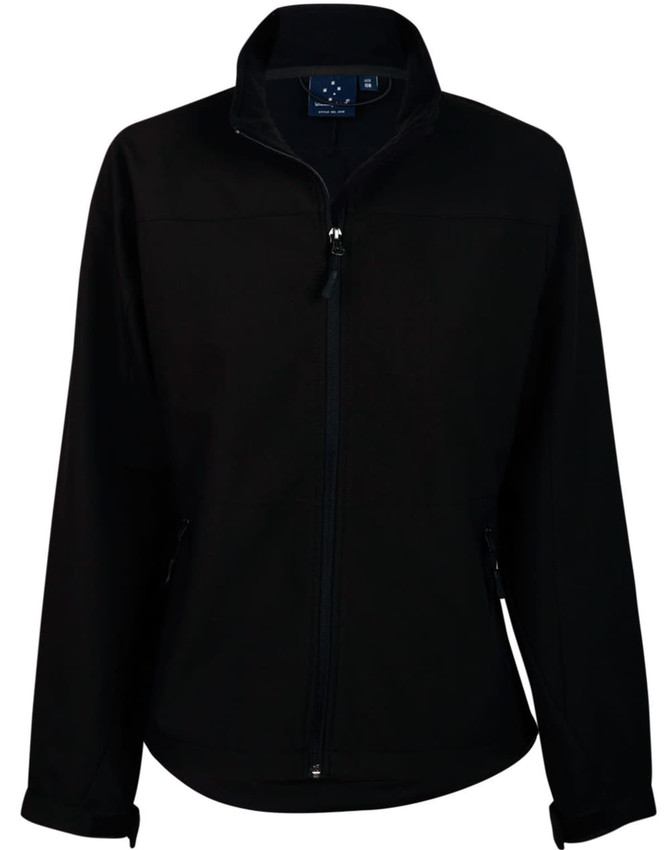 A ladies' softshell jacket in black, featuring a zip front and pockets, with a logo on the collar.