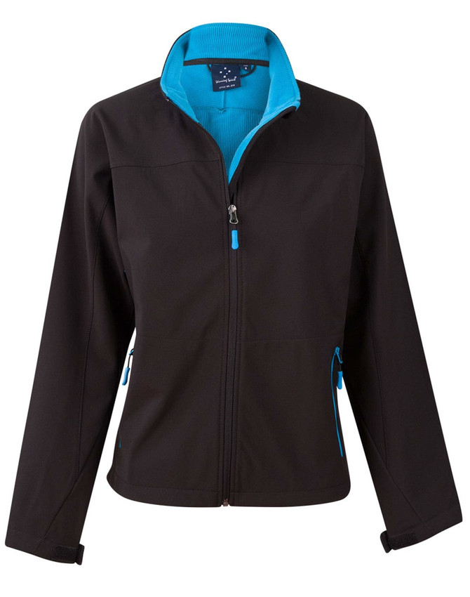A black softshell jacket with a teal interior and contrasting zipper details, featuring side pockets and a zip front.